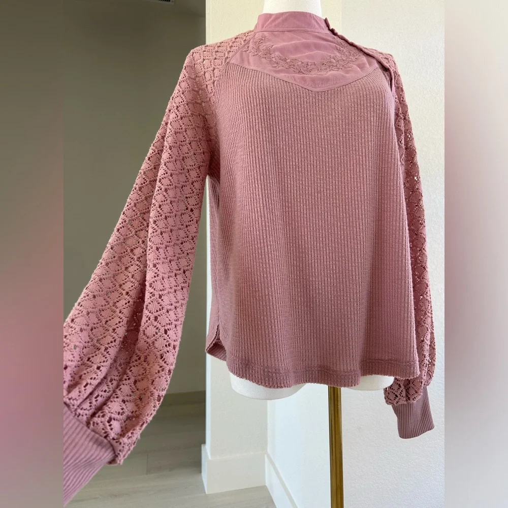 Free People Sweetest Thing Romantic Dusty Rose Lace Balloon Sleeve Top Womens XS